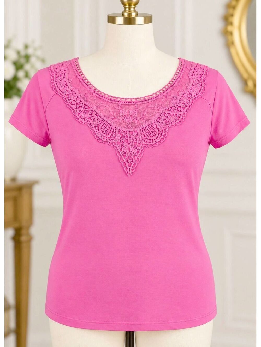 Lauren Ralph Lauren Pink 100% Cotton Lace Crochet Neck Short Sleeve Top L
